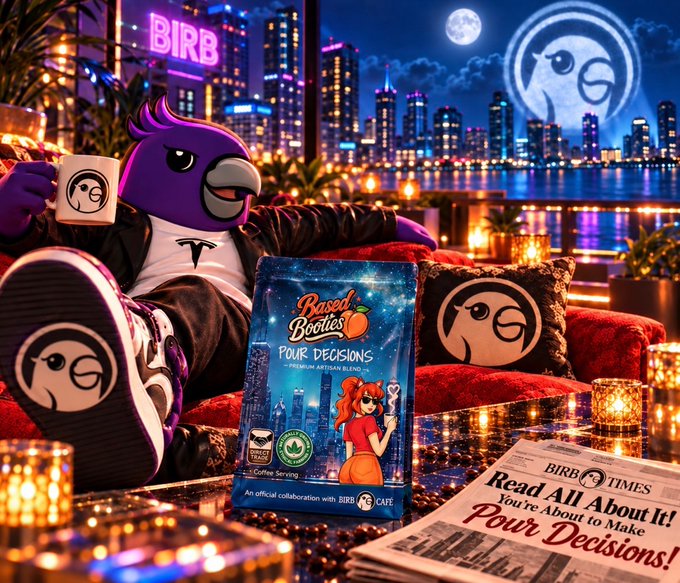 A vibrant promotional image featuring a purple parrot mascot relaxing on a couch against a nighttime city skyline, alongside a bag of 'Bazed Booties' coffee, a mug, and a newspaper titled 'BIRB TIMES' with the headline 'Read All About It! You're About to Make Pour Decisions!'.