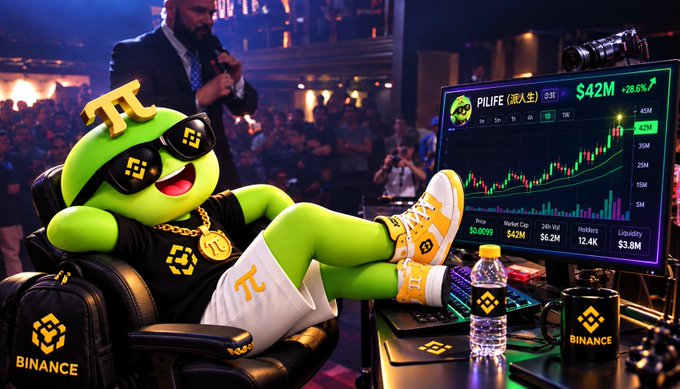 A green cartoon character wearing Pi cryptocurrency sunglasses, gold chains, and sneakers sits casually in a chair next to multiple Binance-branded monitors displaying a green trading chart for 'PIILIFE' with a value of '$42M +28.6%'.