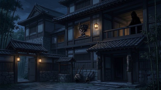 A nighttime illustration of a traditional Japanese-style building featuring a horned figure watching from a window and a silhouetted figure on the balcony, with lanterns illuminating the stone-paved courtyard.
