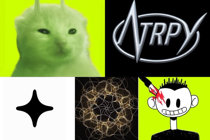A collage featuring a green-tinted cat on a neon green background, a metallic silver 'NTRPY' logo, a black four-pointed star, a tangled scribble of brown lines, and a cartoon character with a wide smile getting stabbed in the head with a red pen.