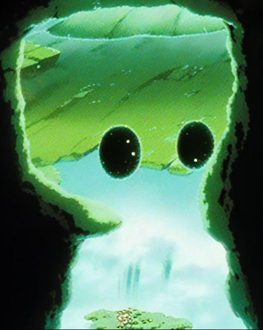 An artistic underwater illustration showing a green-tinted cave or shell opening framing two dark circular holes resembling eyes, with bubbles and green vegetation visible.