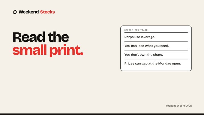 A minimalist landing page for 'Weekend Stocks' with the headline 'Read the small print.' and a sidebar warning investors: 'Perps use leverage. You can lose what you send. You don't own the share. Prices can gap at the Monday open.'