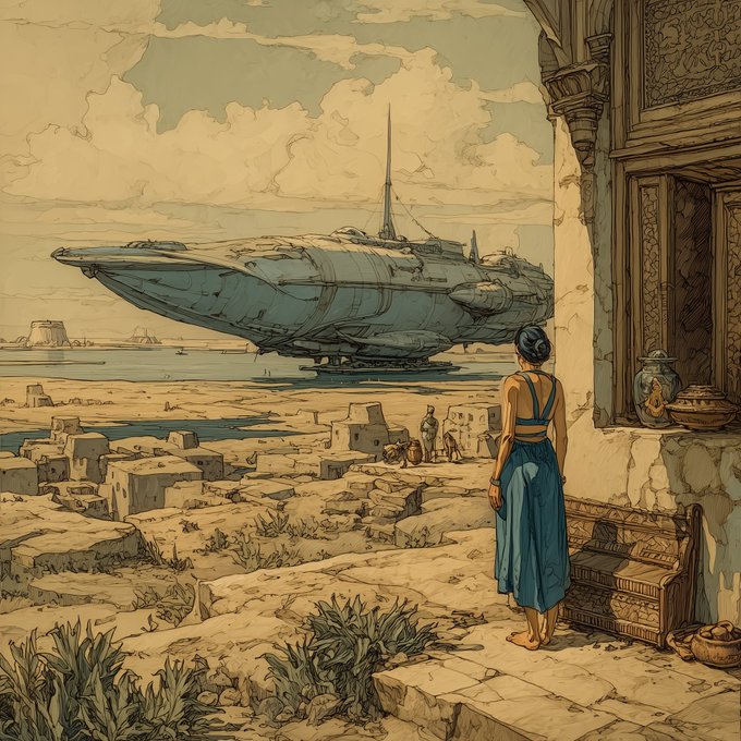A stylized illustration depicting a woman in a blue dress looking out over a desert settlement toward a large futuristic spacecraft hovering in the distance.