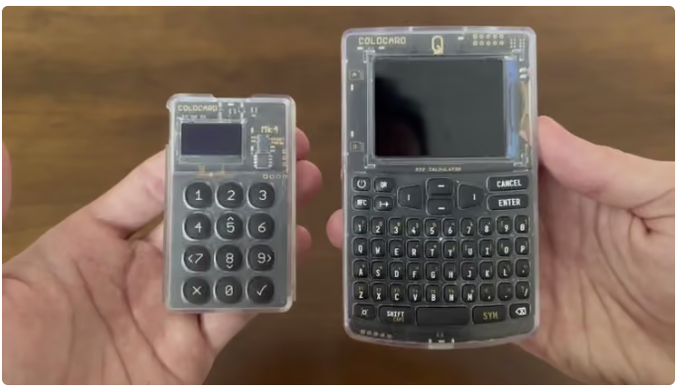 Two Coinkite Coldcard hardware wallets are displayed side by side, with the smaller Mk1 on the left and the larger Q model on the right, both featuring transparent cases that reveal their internal circuitry and keypads. The image relates to the post by highlighting the Coldcard devices at the center of the security incident where a flawed seed generation vulnerability led to the theft of over 1,000 BTC (approximately $70 million USD).