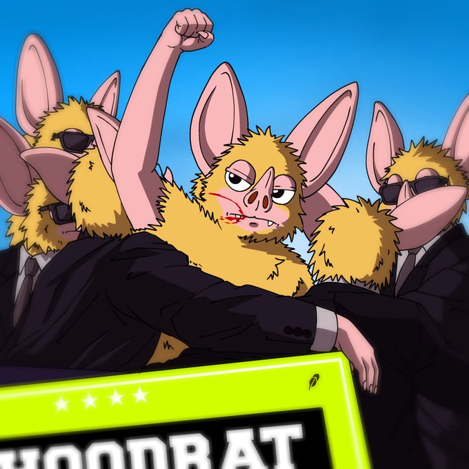 An anime-style illustration featuring bat-like creatures in black suits and sunglasses, with one raising a fist in the foreground, standing behind a bright green sign partially reading 'CHOODBAT'.