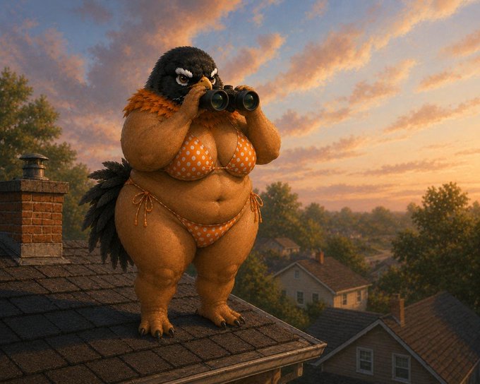 A plump anthropomorphic bird wearing an orange polka-dot bikini stands on a rooftop peering through binoculars at sunset, with suburban rooftops visible below. The whimsical image playfully personifies a "big bird" observing from above, echoing the post's boastful claim that a large bird can indeed fly while hinting at market watchers keeping a close eye on the token.