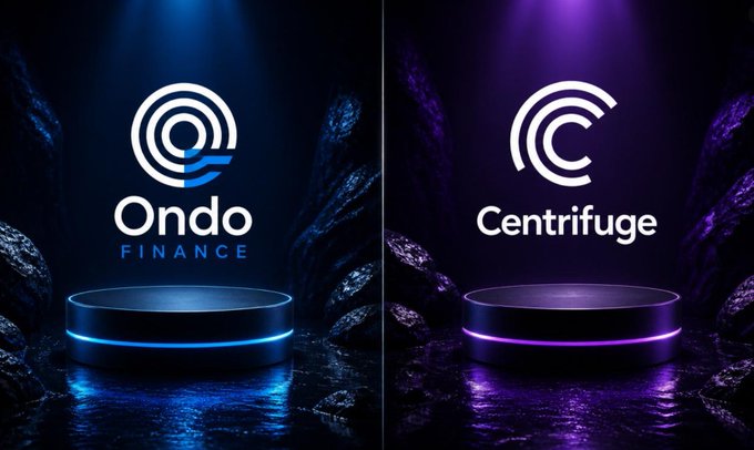 The image shows two logos side by side against a dark background with purple and blue lights. The logo on the left is a blue circle with white text that reads "Ondo Finance", while the logo on the right is a purple circle with white text that says "Centrifuge". Both logos are associated with different financial services, with Ondo Finance being focused on wrapping institutional bonds into on-chain products and Centrifuge concentrating on Ethereum-based passive exposure. The two logos represent two distinct financial companies operating in the same space but catering to different audiences and investment strategies.