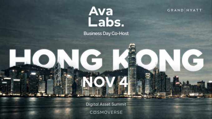 Promotional graphic for the Ava Labs Hong Kong Digital Asset Summit on November 4, co-hosted at the Grand Hyatt, with 'HONG KONG NOV 4' displayed over the city skyline.