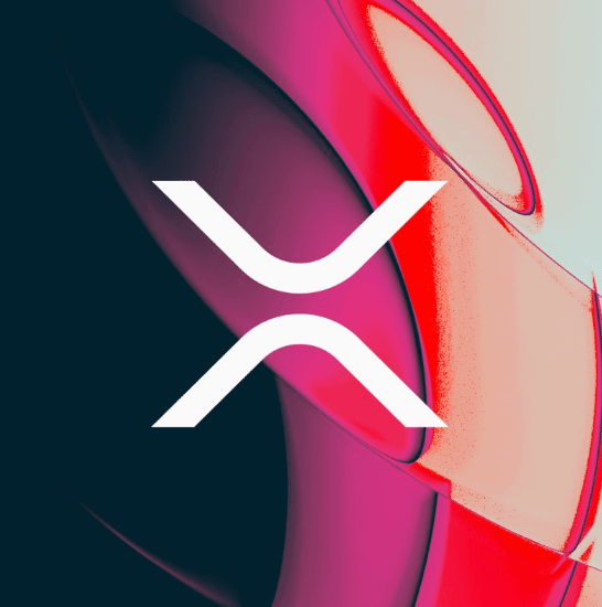 The image features the white XRP logo prominently displayed against a backdrop of flowing red and pink abstract curves. This visually represents the article's topic about SBI and Doppler partnering to expand Japanese institutional adoption of the XRP cryptocurrency.