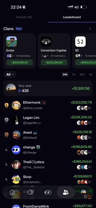 A mobile screenshot showing the Friend.tech "Leaderboard" tab with the user ranked #438 with $1,891.56 in earnings, alongside top traders like Ethermonk ($302,552.79) and Logan Lim ($236,208.24). The image matches the post's claim of ranking #438, promoting a referral link (fomo.family/r/imsongshu) with a 10% fee discount for trading.