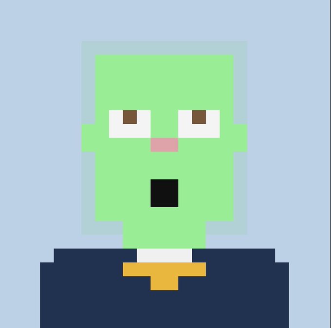 A simple pixel art character with a square green head, surprised expression, and dark shirt stands against a light blue background.