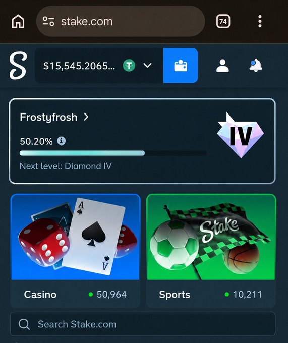 The image shows a Stake.com mobile account dashboard for user "Frostyfrosh," displaying a balance of $15,545.2065, a VIP Diamond IV rank at 50.20% progress, and quick-access tiles for Casino (50,964 players) and Sports (10,211 players).

The image aligns with the post by showcasing the user's Stake account details, likely to demonstrate their presence on the platform and encourage others to share their own Stake IDs.