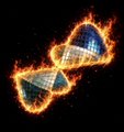 A digital illustration of a DNA double helix engulfed in flames against a black background.