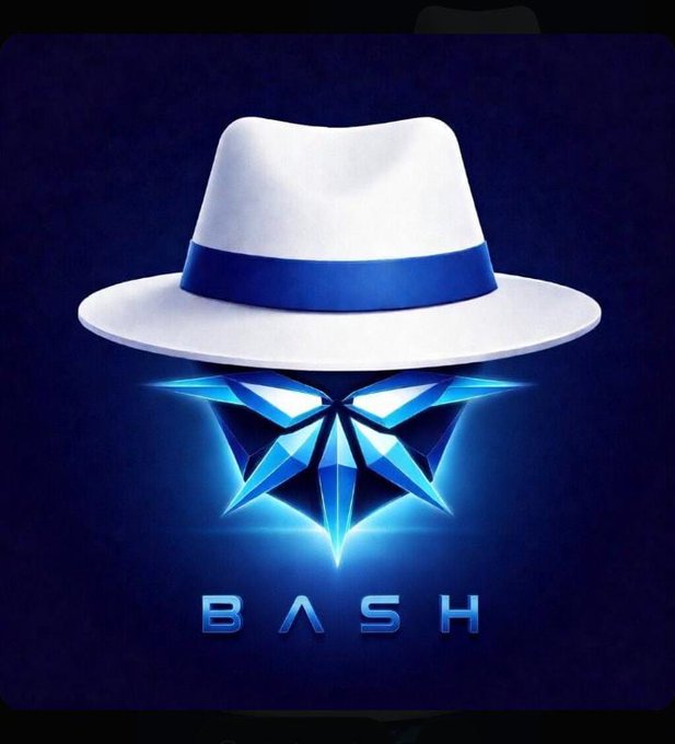 Logo featuring a white fedora hat with a blue band over a glowing blue geometric crystal shape, labeled 'BASH' in a stylized font.