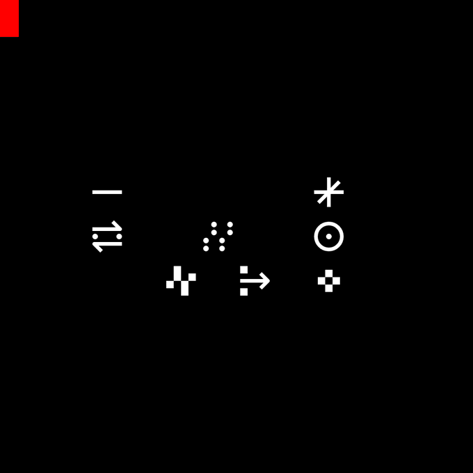 A minimalist black background image with scattered small white abstract symbols and a small red rectangle in the top-left corner.