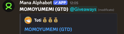 A Telegram giveaway announcement from "Mana Alphabet" featuring MOMOYUMEMI (GTD) with three gold coin money bag emojis and a "Toti $$$" label, matching the post's mention of a 4,444 supply ETH drop for @momoyumemi.