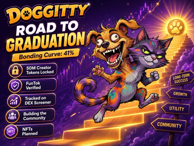 A vibrant cartoon-style graphic titled 'DOGGITTY ROAD TO GRADUATION' features a dog and cat climbing golden stairs, highlighting 'Bonding Curve: 41%' and milestones like '50M Creator Tokens Locked', 'FunTok Verified', and 'NFTs Planned'.