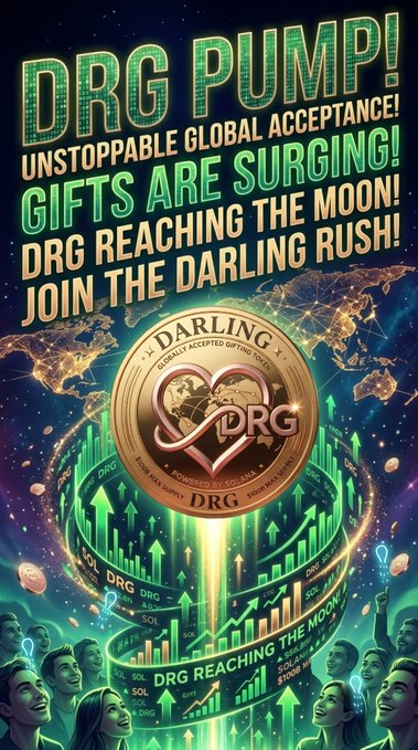 A vibrant, retro-style promotional poster featuring 'DRG PUMP!' headlines with text including 'UNSTOPPABLE GLOBAL ACCEPTANCE! GIFTS ARE SURGING! DRG REACHING THE MOON! JOIN THE DARLING RUSH!' surrounding a central DRG coin with a heart logo.