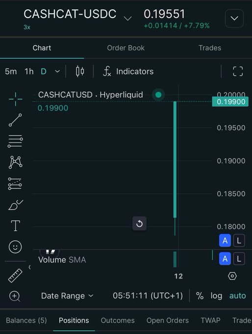 A Hyperliquid chart for the newly launched CASHCAT-USDC perpetual futures shows a dramatic vertical green candle surging to $0.19900, with the price up +0.01414 (+7.79%), illustrating the explosive debut move referenced in the post.