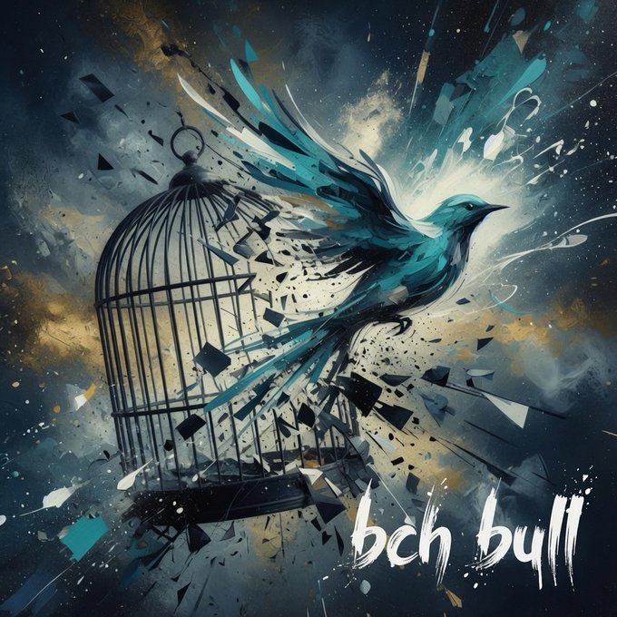 A teal bird bursts through a shattered birdcage, its wings and the broken bars exploding into fragments of color against a cosmic, paint-splattered background. The text "bch bull" is scrawled in white brushstrokes, reinforcing the message of unstoppable freedom—much like the cryptocurrency breaking free from constraints.