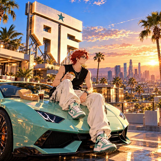 An anime-style illustration of a red-haired boy sitting on a mint green Lamborghini with a Los Angeles sunset and cityscape in the background.