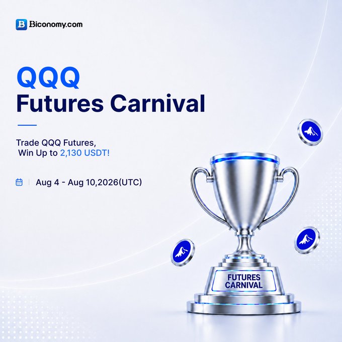 A promotional banner for Biconomy.com advertising a "QQQ Futures Carnival" with a chance to win up to 2,130 USDT, running Aug 4 - Aug 10, 2026 (UTC), featuring a silver trophy and blue coins.
