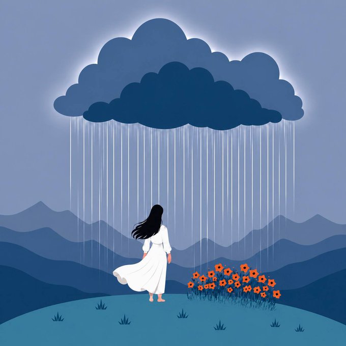 A digital illustration of a woman in a white dress standing on a hill watching rain fall from a large dark blue cloud, with mountains in the background and orange flowers nearby.