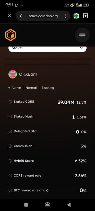 The image shows the staking page on stake.coredao.org for validator OKXEarn, displaying key metrics including 39.04M Staked CORE (12.5%), a 3% commission rate, and a 2.86% CORE reward rate, which directly supports the post's emphasis on commission and reward rate as crucial factors when selecting a validator for $CORE staking.
