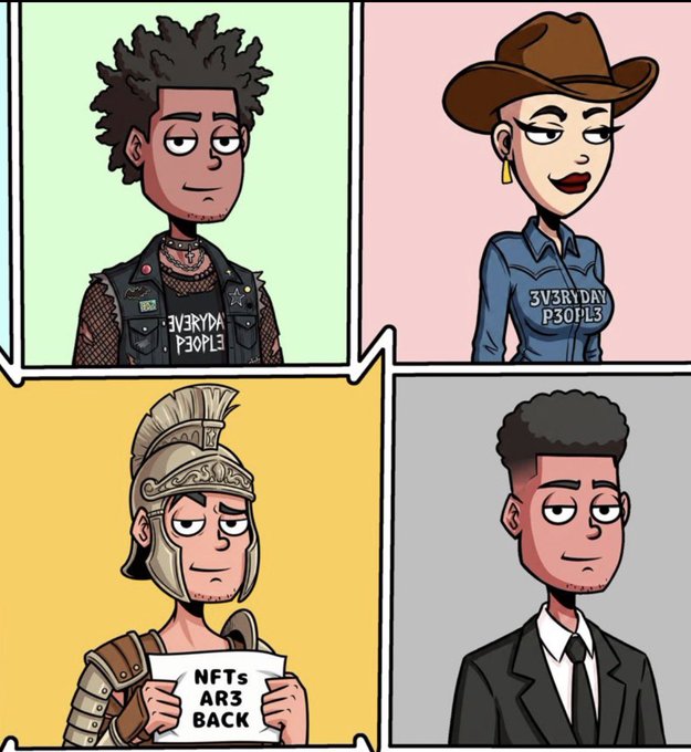 The image shows a four-panel cartoon featuring stylized avatars wearing shirts that read "3V3RYDAY P3OPL3," with one panel depicting a Roman soldier character holding a sign reading "NFTs AR3 BACK." The illustrations cleverly connect to the post by visualizing the playful leetspeak text "W3 AR3 3V3RYDAY P3OPL3" and celebrating the return of NFTs as claimed in the caption.