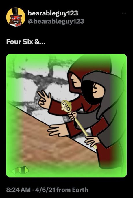 A tweet from @bearableguy123 posted on 4/6/21 at 8:24 AM titled "Four Six &...." features an illustration of two hooded figures in red and black robes, with one holding a golden staff, set against a green-tinted landscape that appears to be cracking or splitting. The accompanying post hints at cryptic numerology and a possible ticker symbol (TS) prediction, referencing the numbers 4, 6, and 3 in relation to a future date of 7/4/2026.