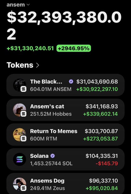 The image shows a crypto wallet portfolio labeled "ansem" displaying a total value of $32,393,380.02 with a gain of +$31,330,240.51 (+2946.95%), highlighting holdings including "The Black..." at $31M, "Ansem's cat" (251.52M Hobbes) at $341K, "Return To Memes" (600M RTM) at $303K, "Solana" (1,453.25 SOL) at $104K, and "Ansems Dog" (249.41M Zeus) at $96K. This visually supports the post's claim that Ansem is up over $30 million, showcasing the exact tokens mentioned like $Hobbes and $Zeus as investment picks.
