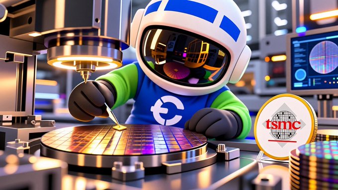 A futuristic robotic worker in a space helmet inspects a colorful silicon wafer in a high-tech semiconductor lab, with the TSMC logo prominently displayed—visually representing TSMC ($TSM), the world's leading semiconductor manufacturer behind AI, smartphones, and data center technology.