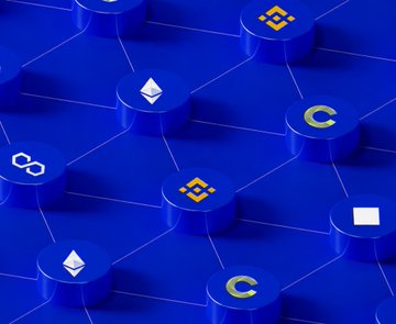 A 3D digital rendering displays various cryptocurrency logos, including Ethereum, Bitcoin Cash, and others, represented as cylindrical tokens connected by lines on a blue surface.