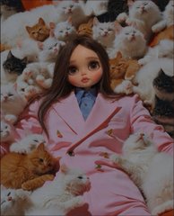 A doll in a pink suit lies amid a large group of cats and kittens.