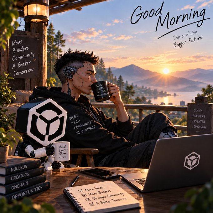 A 'Good Morning - Same Vision Bigger Future' graphic featuring a cyberpunk-styled character drinking coffee from a mug reading 'GOOD IDEAS BETTER TOMORROW,' with Web3/tech community themes including books labeled 'NUCLEUS,' 'CREATORS,' 'ONCHAIN,' and 'OPPORTUNITIES.'