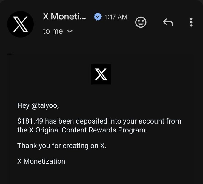 A screenshot of an email from 'X Monetization' notifying @taiyoo that '$181.49 has been deposited into your account from the X Original Content Rewards Program.'