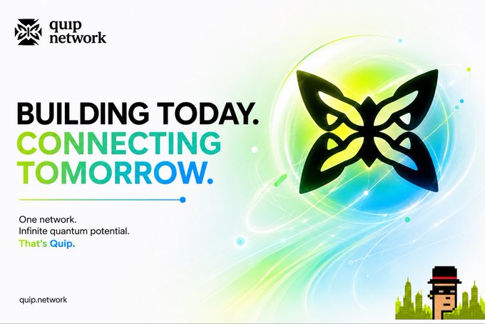 The image is a promotional graphic for "quip network" featuring a green and black butterfly-like logo, with the tagline "BUILDING TODAY. CONNECTING TOMORROW." and the subtext "One network. Infinite quantum potential. That's Quip." The image visually reinforces the post's message by highlighting Quip Network's mission to unite distributed quantum computing resources into an accessible, interconnected system rather than leaving them isolated.