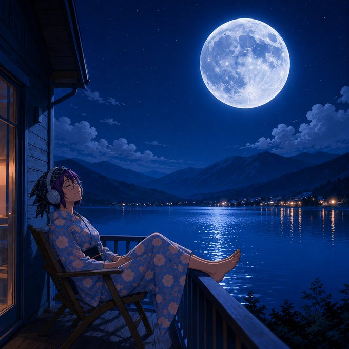 An anime-style illustration of a woman with purple hair wearing headphones and a floral yukata, relaxing in a chair on a balcony overlooking a moonlit lake.