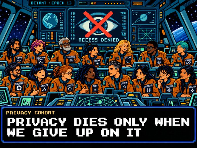 An illustrated pixel-art scene of a diverse crew in orange spacesuits aboard a spaceship, with 'ACCESS DENIED' on a central screen and the caption 'PRIVACY COHORT: PRIVACY DIES ONLY WHEN WE GIVE UP ON IT.'