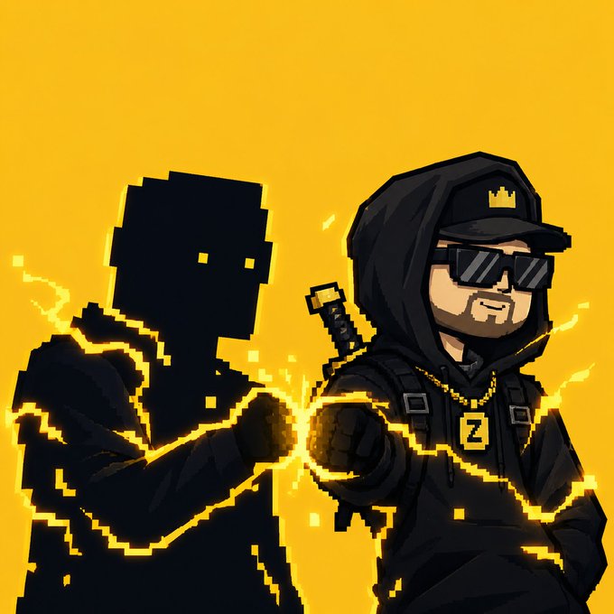 A pixel-art style illustration depicts two characters in black against a solid yellow background, with yellow lightning effects crackling around them. The character on the right wears sunglasses, a cap with a crown logo, and a chain with a 'Z' pendant.