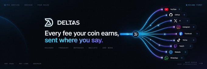 Website banner for DELTAS featuring the tagline 'Every fee your coin earns, sent where you say.' with icons showing connections to platforms like YouTube, GitHub, X, Instagram, Facebook, TikTok, Twitch, Website, and WhatsApp.