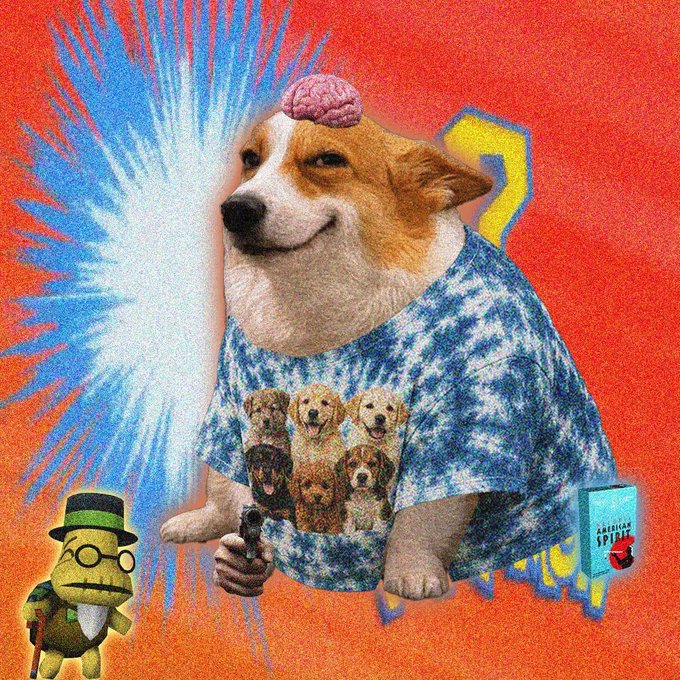 A surreal illustration features a Corgi with an exposed brain wearing a blue tie-dye shirt printed with multiple golden retrievers, holding a small pistol. A yellow number '2' appears behind it, alongside a small cartoon character and a box of American Spirit cigarettes against an orange background.