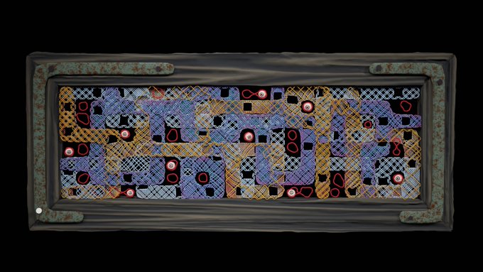 A digital rendering of a rectangular, weathered metallic frame containing a textured, multicolored panel with blue, gold, and black patterns and red circular accents.