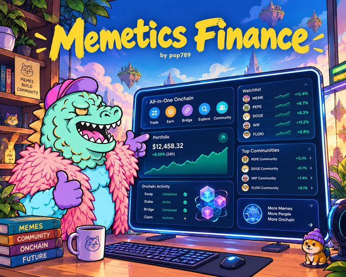 An illustrated promotional graphic for 'Memetics Finance by pop789' shows a cartoon character at a computer displaying crypto portfolio data and a watchlist including MEME, PEPE, DOGE, WIF, and FLOKI tokens.