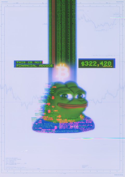 A glitchy, retro-style digital artwork showing a green Pepe the Frog character with a Bitcoin symbol glowing on its forehead, surrounded by scrolling code and text reading 'THIS IS NOT FINANCIAL ADVICE' and '$322,420'.