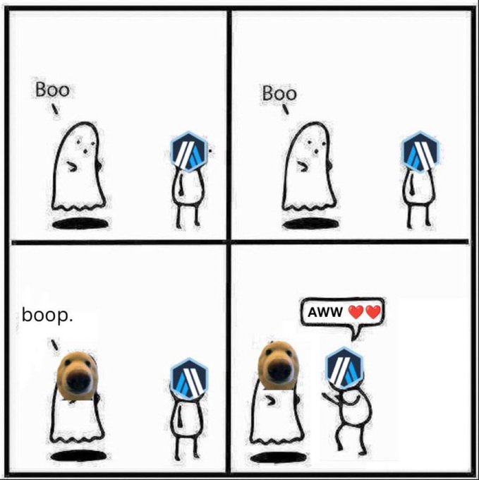 A four-panel comic shows a ghost saying "Boo" to a figure with a computer monitor head, then reacting with "boop." and "AWW ❤️❤️" when it discovers the figure has a dog face instead.