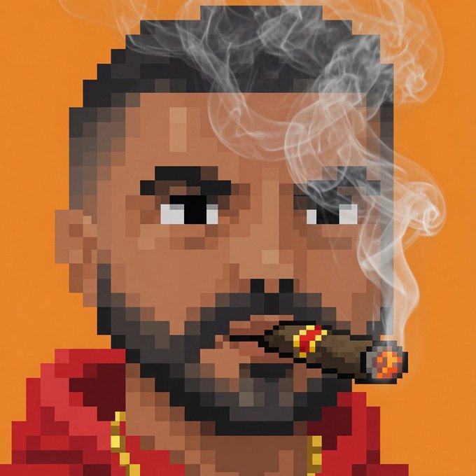 A pixel art portrait depicts a bearded man smoking a cigar, with detailed white smoke curling upward against a bright orange background.