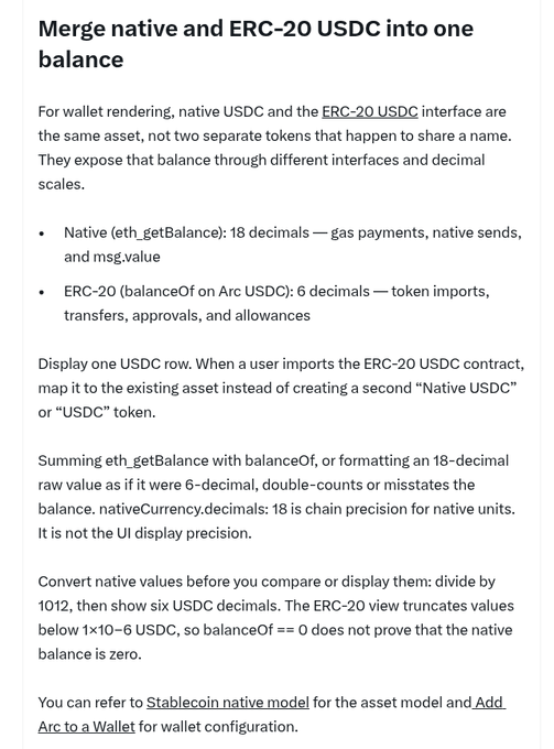 A technical documentation snippet titled 'Merge native and ERC-20 USDC into one balance,' explaining wallet rendering for stablecoins using different decimal scales and interfaces.