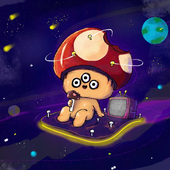 A whimsical digital painting of a cute mushroom-headed creature with three eyes sitting on a floating platform in outer space, eating a popsicle next to a small television.