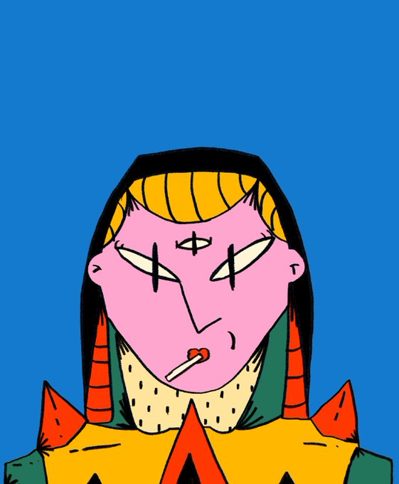A pop-art style cartoon illustration of a character with pink skin, a third eye on their forehead, and crossed-out eyes, wearing a yellow spiked outfit and smoking a cigarette against a blue background.